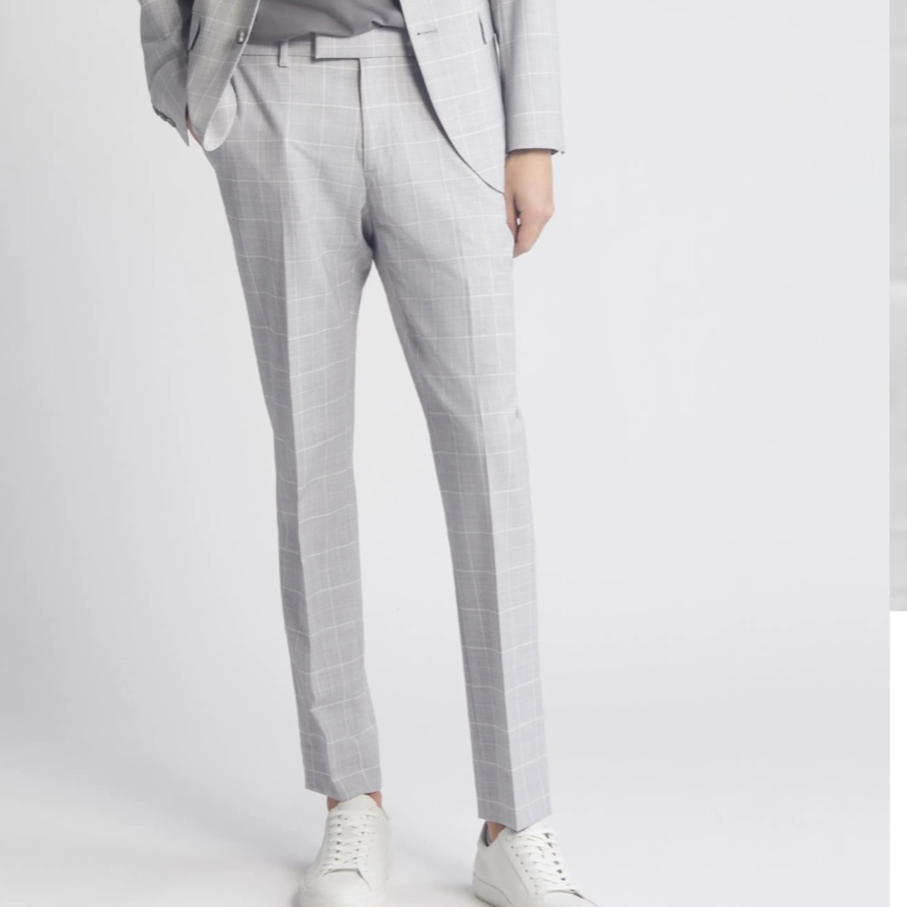 Men's Open Edit Trim Fit Gray Plaid Dress Pants